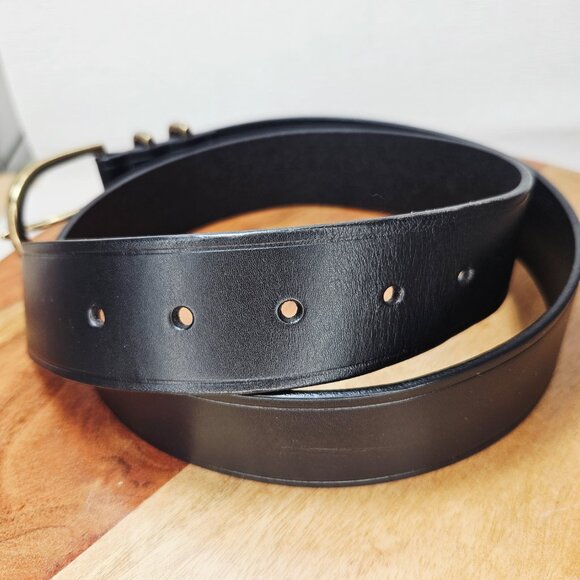Banana Republic Black Leather Belt Brass Bronze Gold Hardware Buckle - Picture 5 of 6